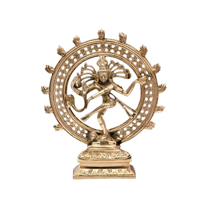 Golden-toned Natraj Ji dancing Shiva statue with circular halo