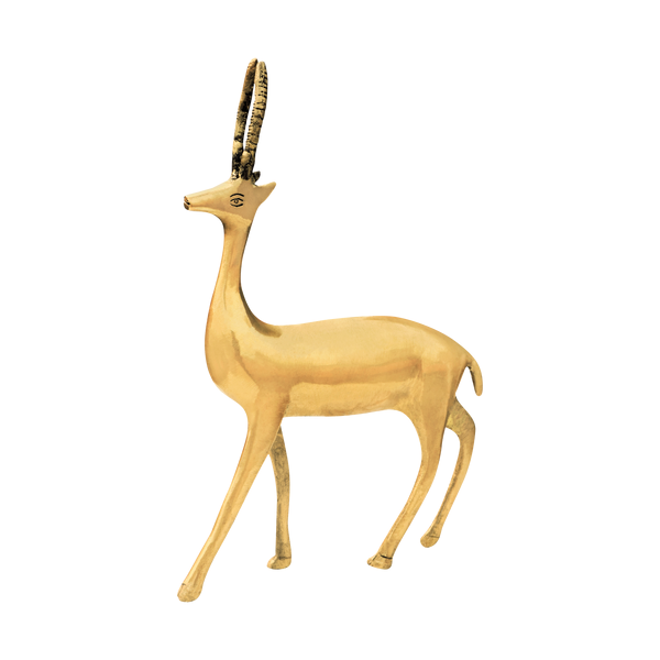 Golden-toned standing deer statue with tall antlers