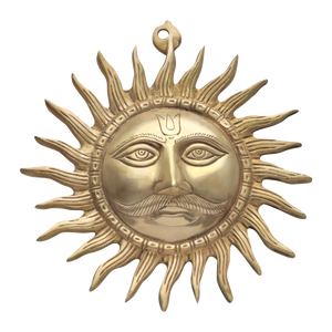 Ornate golden sun face wall hanging with decorative circular rays