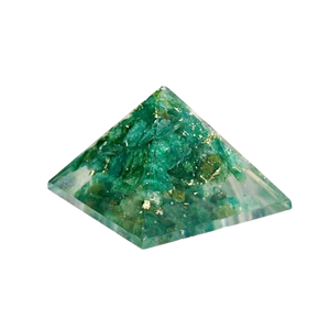 Green aventurine pyramid with natural-looking inclusions on a black background