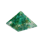 Green aventurine pyramid with natural-looking inclusions on a black background