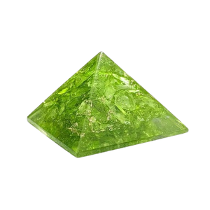 Bright green Peridot crystal pyramid with translucent facets