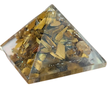 Tiger Eye crystal pyramid with golden-brown stone detail