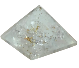 White translucent selenite pyramid with natural inclusions on a black background