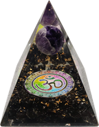 Black tourmaline crystal pyramid with purple crystal and Om symbol