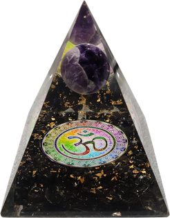 Black tourmaline crystal pyramid with purple crystal and Om symbol