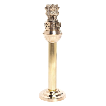 Tall brass Ashoka Pillar-inspired decorative piece with lion capital and stepped base