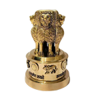 Brass Ashoka Stambh-inspired decorative lion capital with engraved base