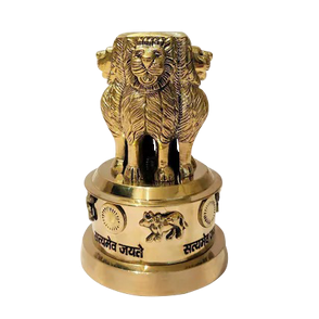 Brass Ashoka Stambh-inspired decorative lion capital with engraved base