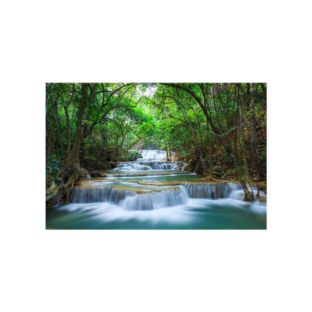 WATERFALL landscape painting poster showing a forest stream, cascades, mossy rocks, and green trees