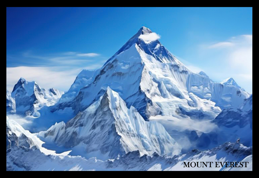 Mount Everest painting poster showing a snow-covered mountain beneath a blue sky