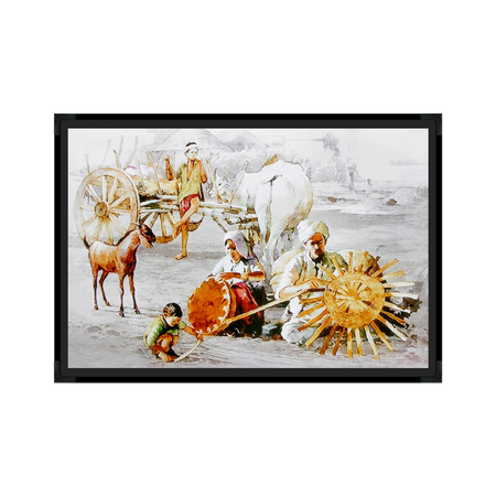 Village painting poster showing villagers and ox carts in a rural countryside scene