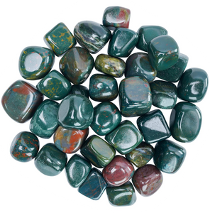 Bloodstone tumble stones in deep green, blue-green, charcoal, and red-flecked tones