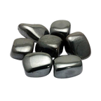Polished hematite tumble stones with a reflective charcoal-gray finish