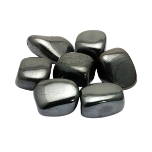 Polished hematite tumble stones with a reflective charcoal-gray finish
