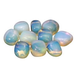 Polished milky white and pale blue Opalite tumble stones with iridescent flashes
