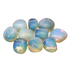 Polished milky white and pale blue Opalite tumble stones with iridescent flashes