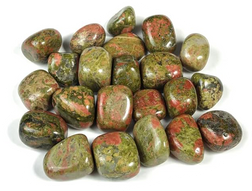 Natural polished Unakite tumble stones in green, cream, and muted pink tones