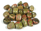 Natural polished Unakite tumble stones in green, cream, and muted pink tones