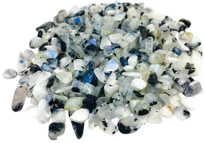 Rainbow Moonstone crystal chips in white, cream, pale-grey, translucent, and subtle blue-iridescent tones