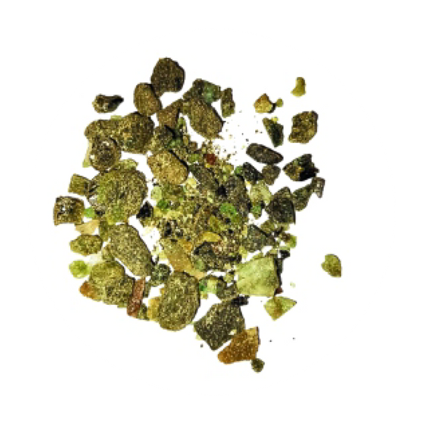Emerald crystal chips in varied green, olive, and earthy tones