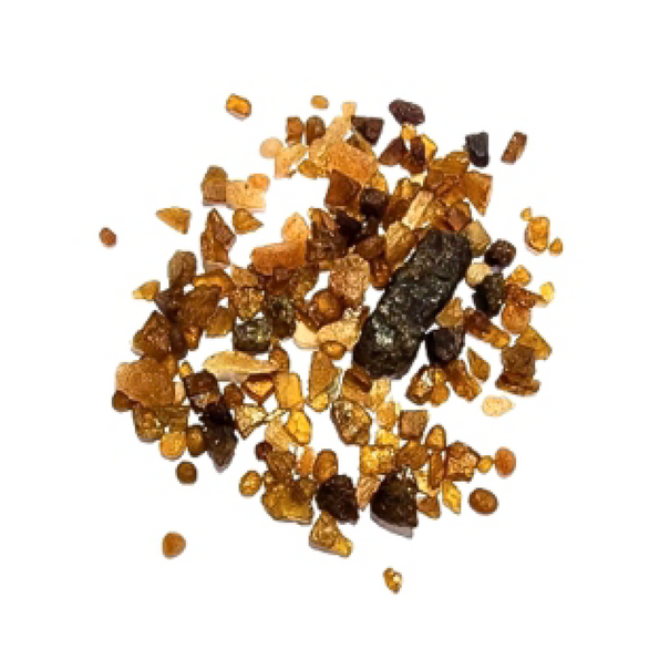Hessonite crystal chips in amber, honey-brown, and earthy tones