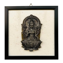 Framed Laxmi painting poster with detailed dark relief artwork on a cream background