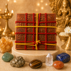 A square brown box wrapped with red and yellow string sits on a round pedestal, surrounded by crystals and gold-toned decorative objects in a warm indoor setting.