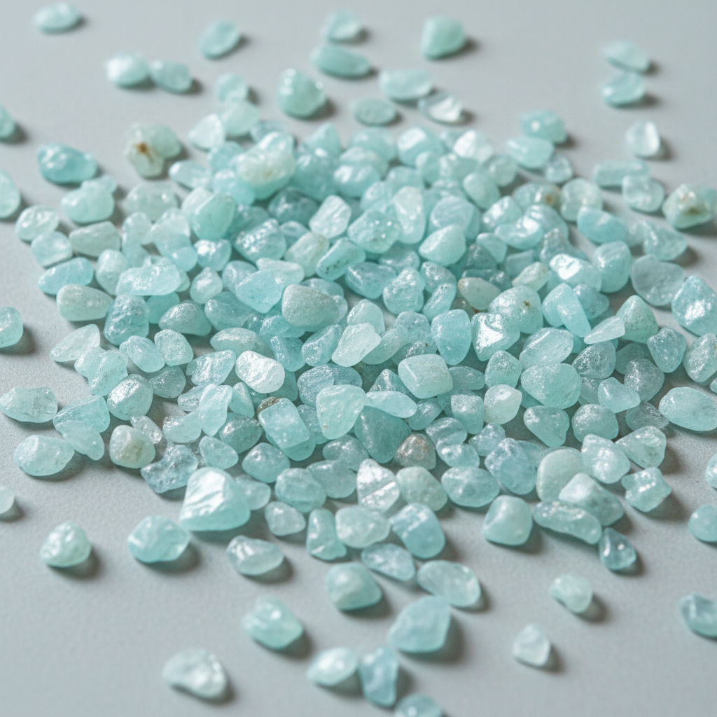 Close-up of natural Aquamarine tumbled stones and pale aqua crystal chips