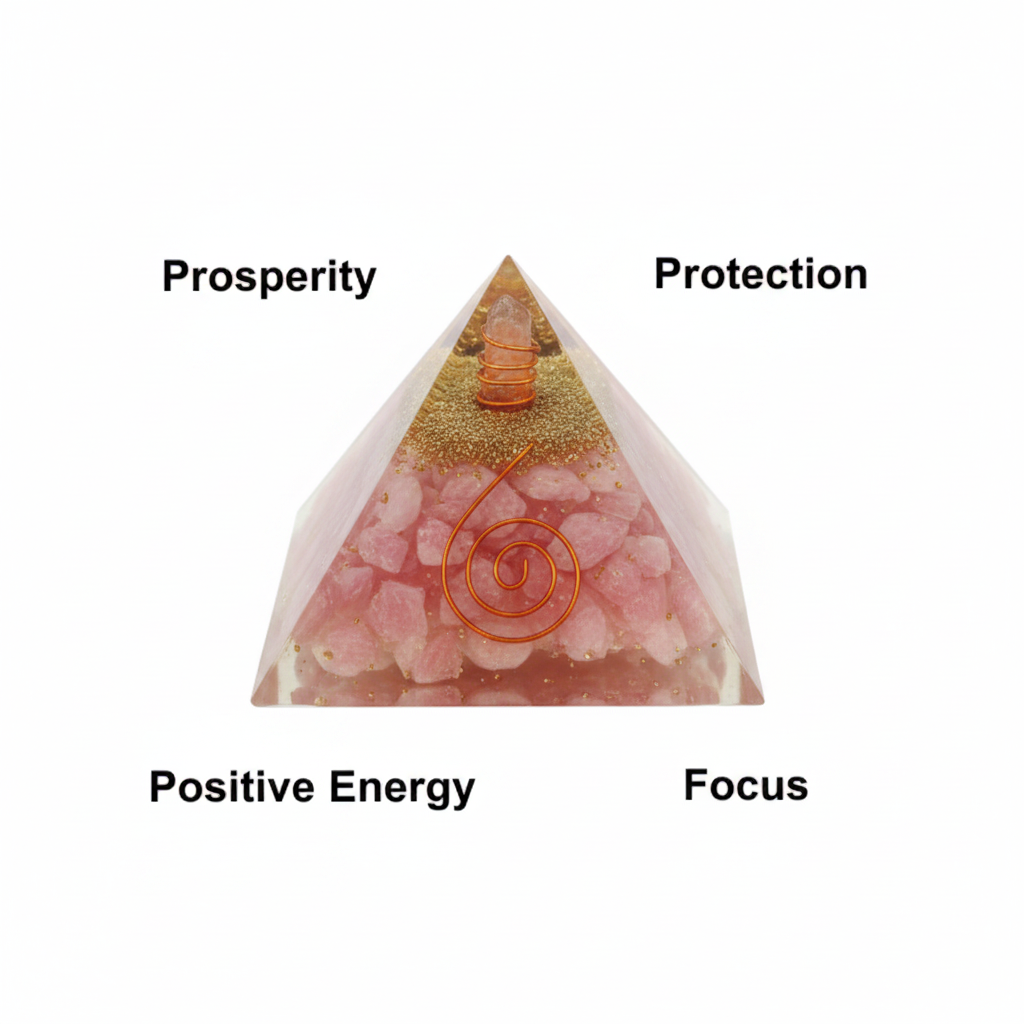 Pink crystal pyramid with prosperity, protection, positive energy and focus labels