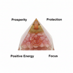Pink crystal pyramid with prosperity, protection, positive energy and focus labels