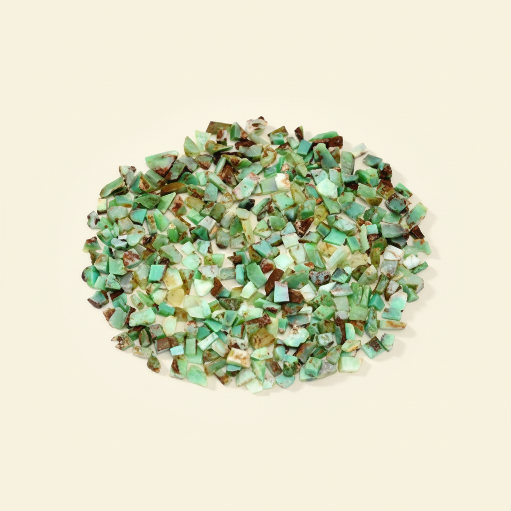 Natural green Chrysoprase crystal chips arranged on an ivory background