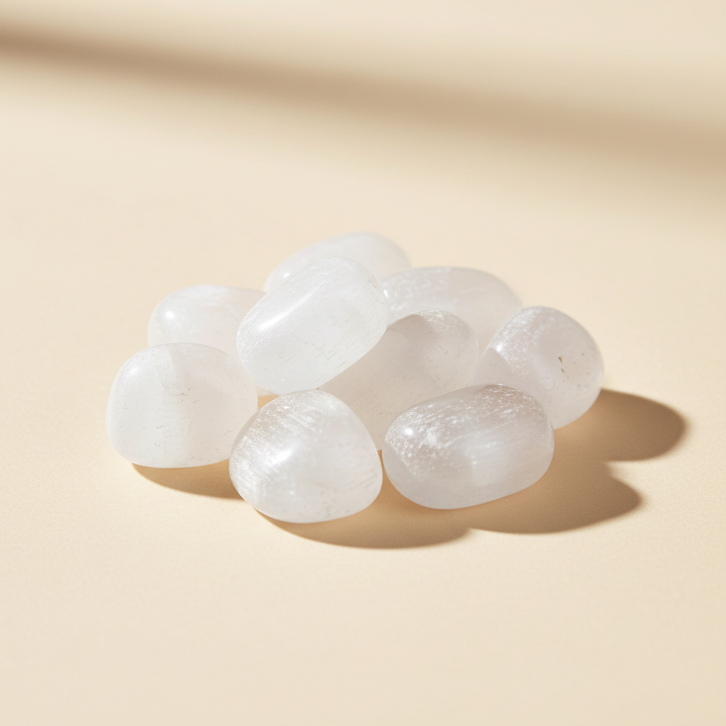 Polished Selenite tumble stones arranged on an ivory studio background