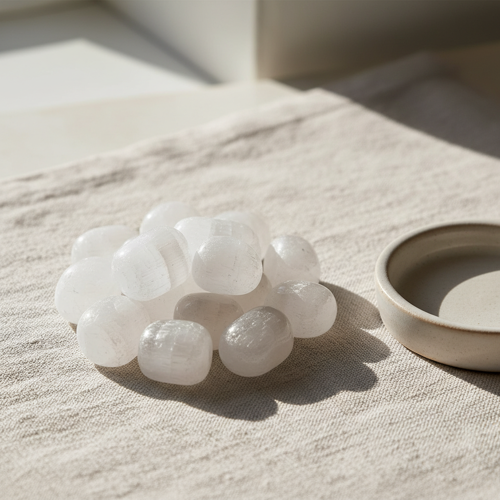 Polished Selenite tumble stones arranged on a neutral linen surface