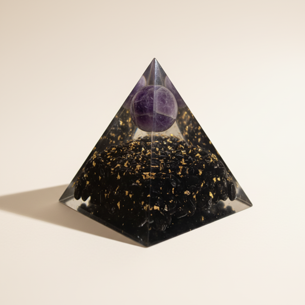 Side profile of a black tourmaline crystal pyramid with gold flecks and purple crystal