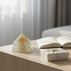 Selenite crystal pyramid displayed on a bedside or meditation table beside a notebook and gift box