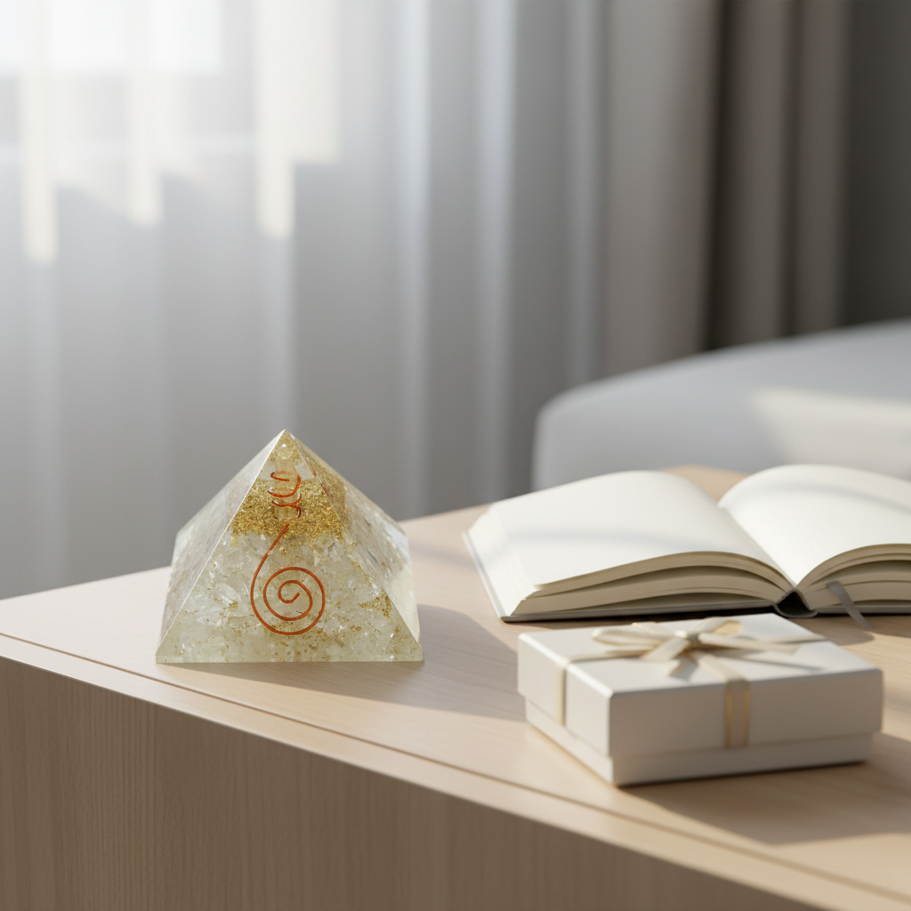 Selenite crystal pyramid displayed on a bedside or meditation table beside a notebook and gift box