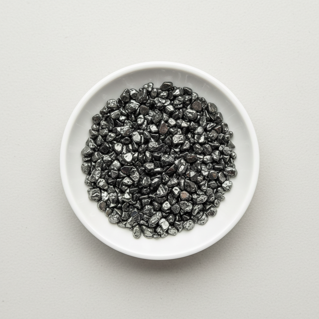 Hematite crystal chips arranged in a white ceramic dish