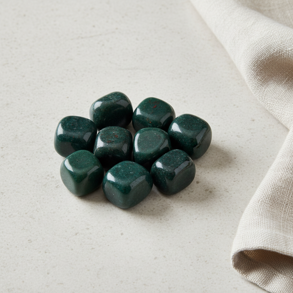 Bloodstone tumble stones arranged with neutral linen décor