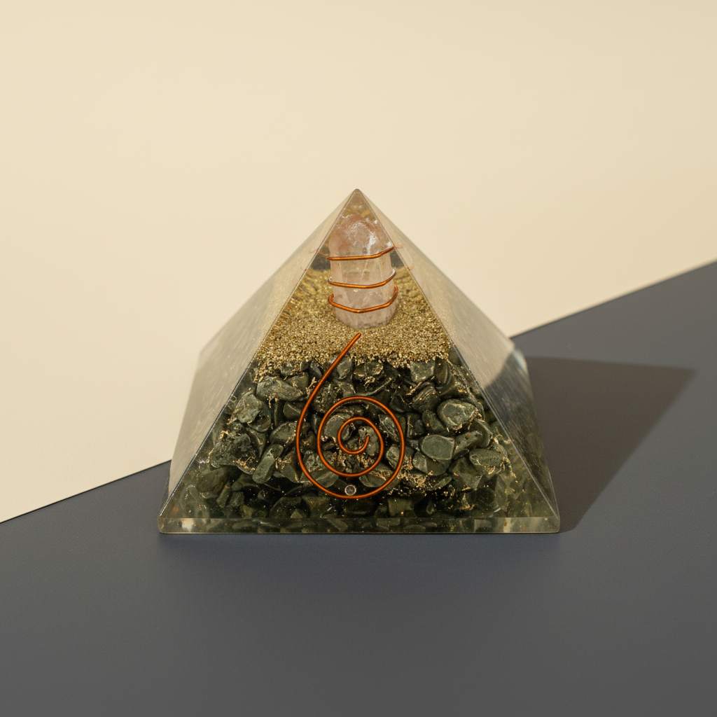 Golden Pyrite crystal pyramid with warm metallic texture on a premium studio background