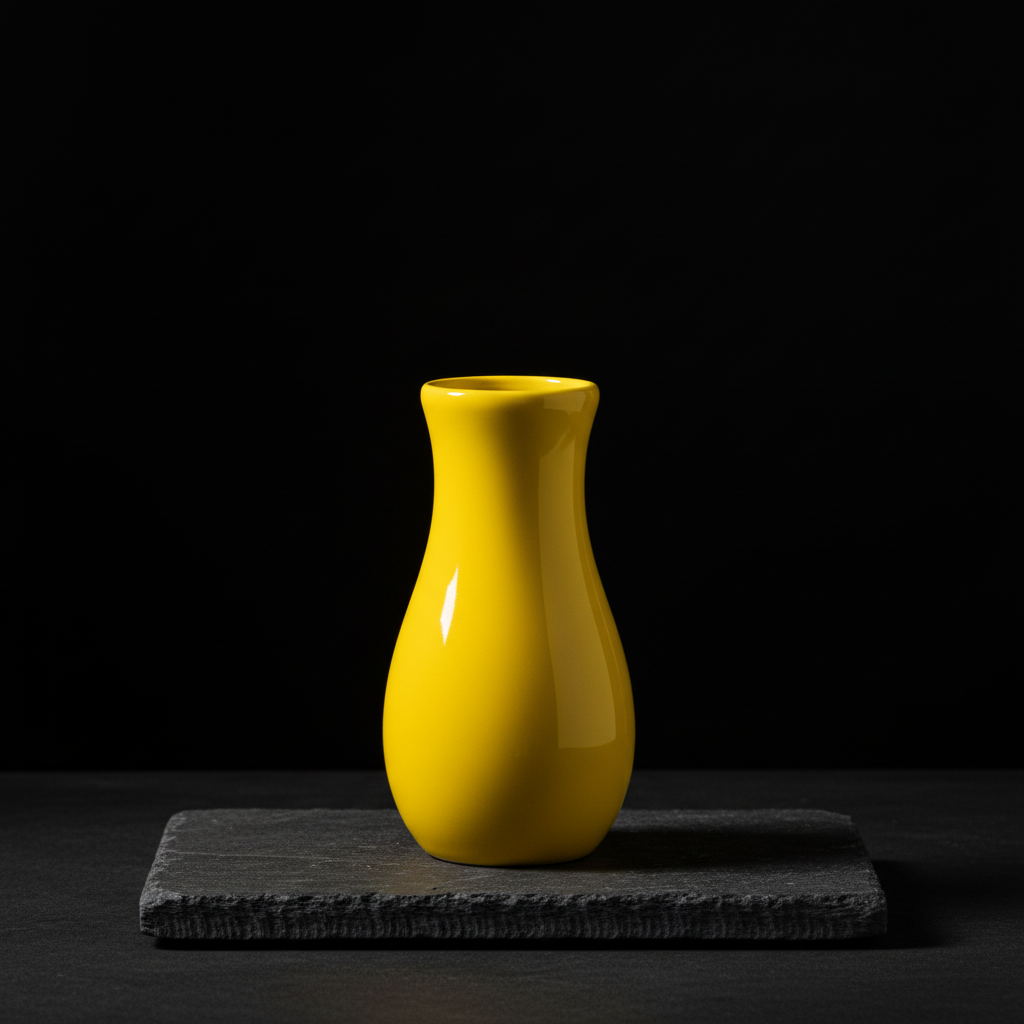Bright yellow vase on a dark stone surface with a black studio background