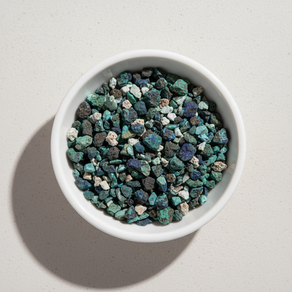 Azurite crystal chips arranged in a white ceramic dish