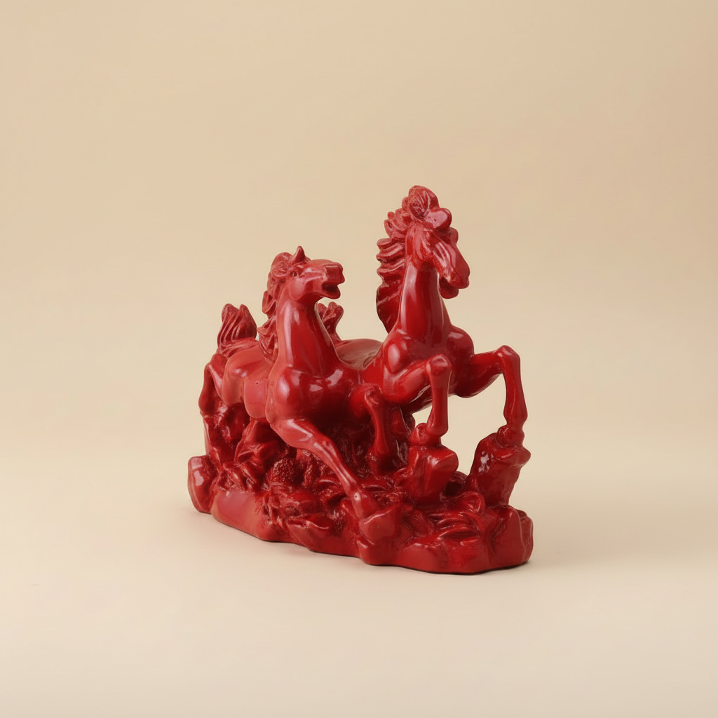 Glossy red multi-horse décor sculpture centered on a warm studio background