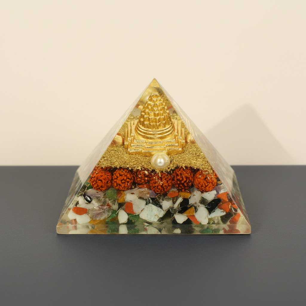 Colorful Navgrah crystal pyramid with traditional spiritual details on a premium studio background