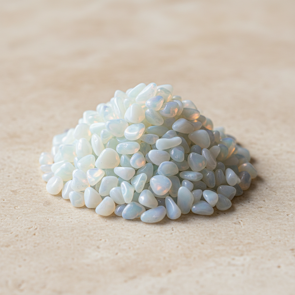 Opalite Crystal Chips arranged on a warm neutral stone surface