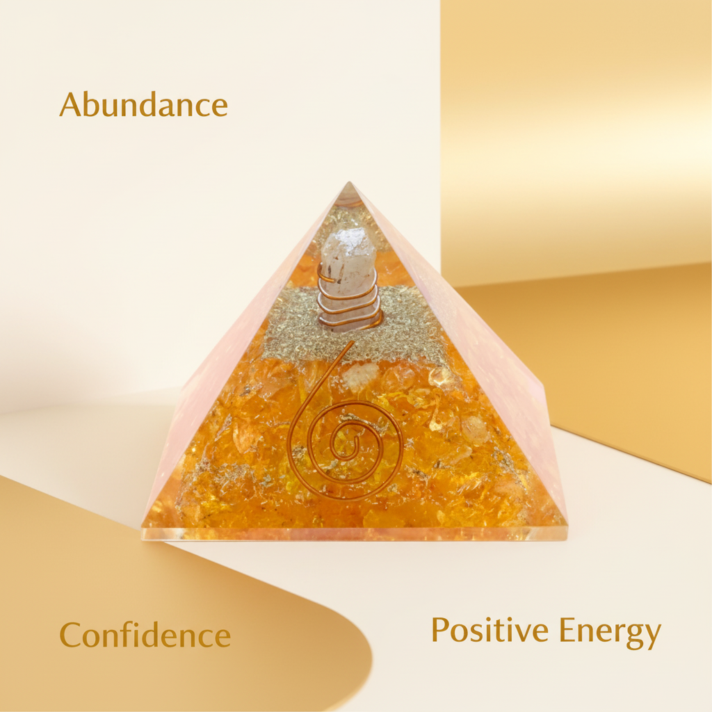Citrine crystal pyramid with abundance, confidence and positive energy themes