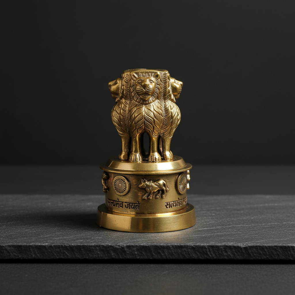Brass Ashoka Stambh-inspired decor displayed on dark natural stone