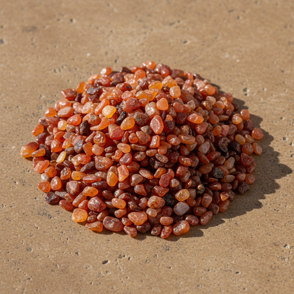 Close-up of warm orange and red Carnelian crystal chips on a stone surface
