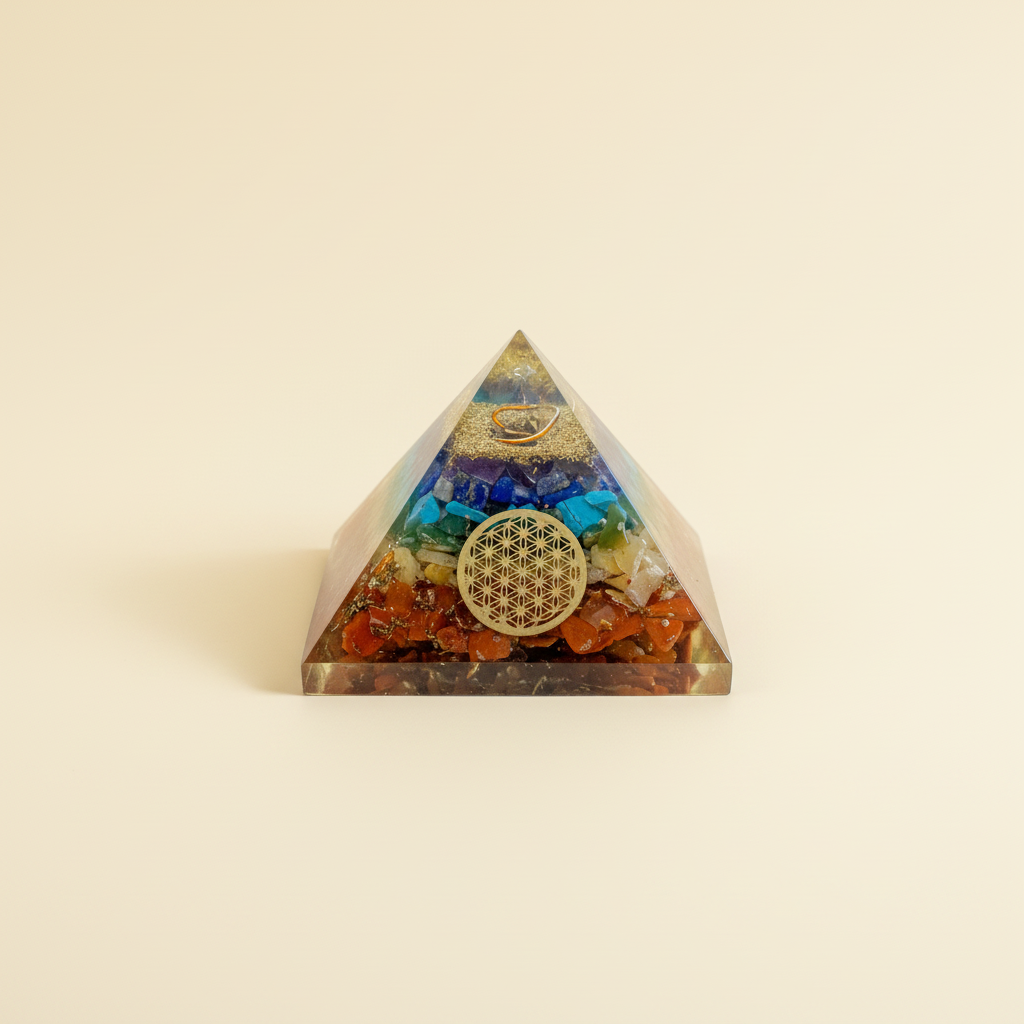 Colorful 7 Chakra Yantra crystal pyramid with central yantra motif on a warm ivory background