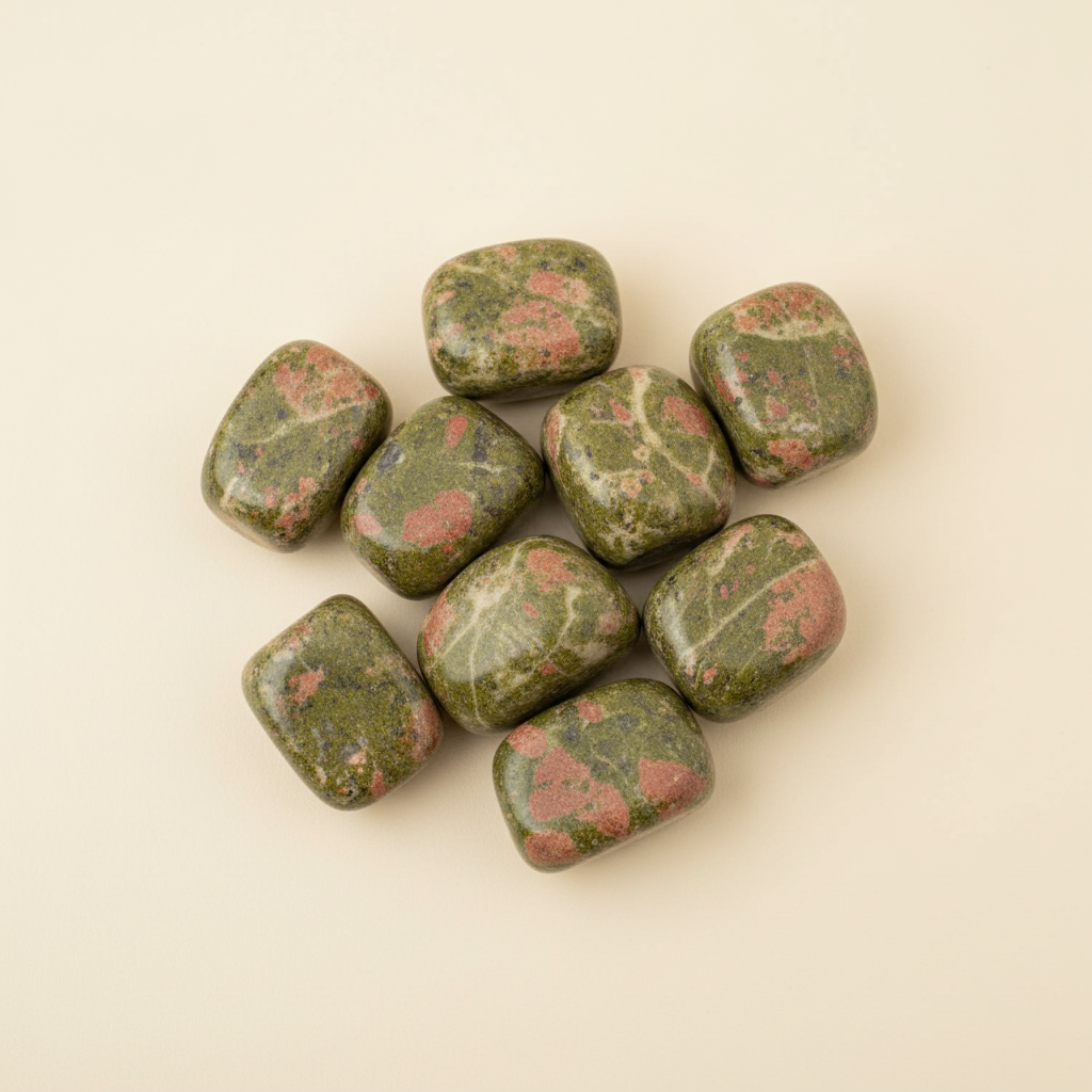 Polished Unakite tumble stones arranged on an ivory studio background
